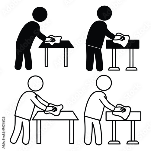 Varied Pictograms Displaying Individuals Engaged in Table Surface Wiping Activities