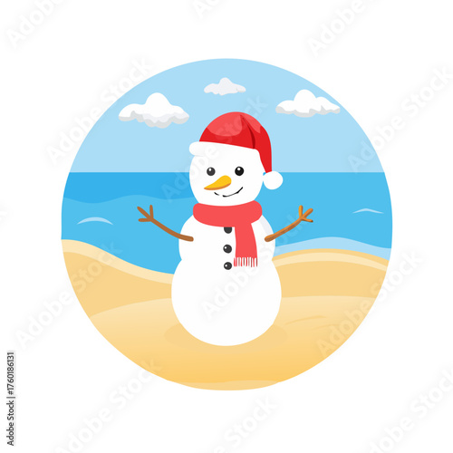 A sand snowman wearing a Santa hat and a red scarf, standing on the beach under a bright, sunny sky with gentle waves in the background.icon