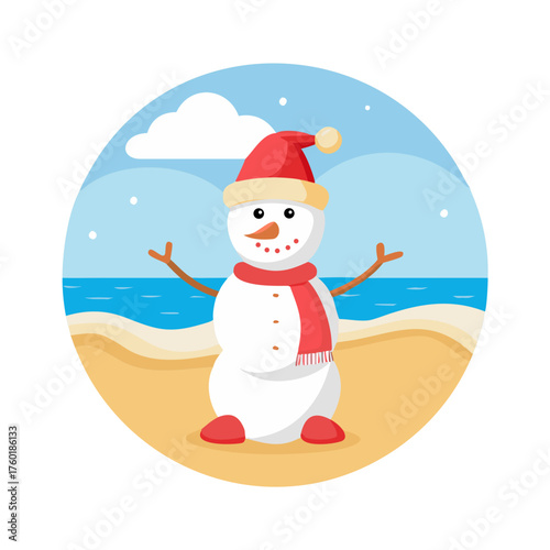 A sand snowman wearing a Santa hat and a red scarf, standing on the beach under a bright, sunny sky with gentle waves in the background.icon