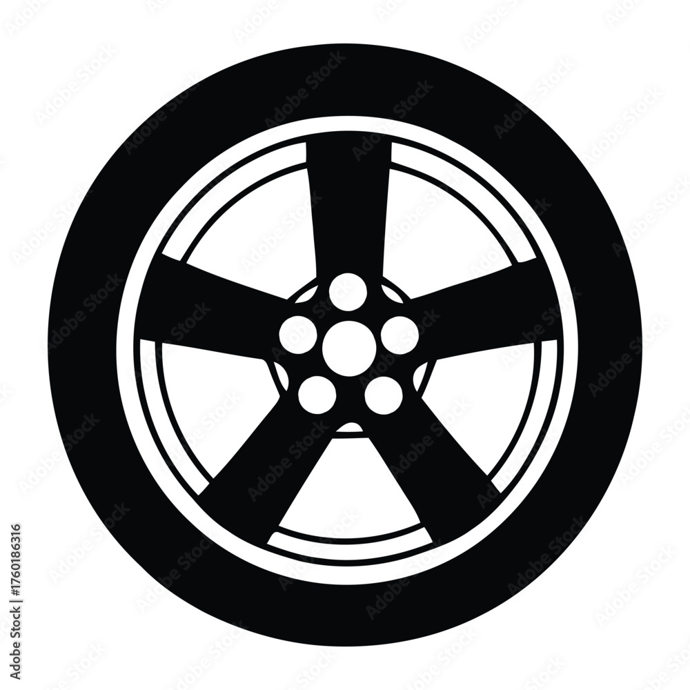 Obraz premium Modern Black Silhouette Car Wheel and Tire Minimalist Automotive Icon Element