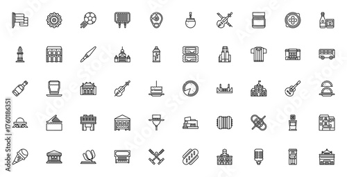 Buenos Aires icon set. Vector illustration. Featuressymbols for Argentina, Socer, Steak, Mate, Dulce de eche, Empanada, Choripan, ernet, Casa rosada, Tango nd more.