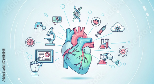 Medical research and development concept with human heart, dna, microscope, tablet, syringe, flasks and other medical equipment on light blue background