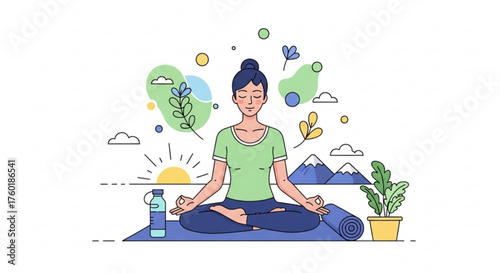Woman in lotus position practicing yoga with water bottle, yoga mat, plant, sun, cloud, and mountains healthy lifestyle concept