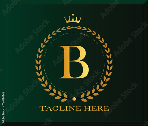 Vector art of sophisticated golden letter b logo with crown and laurel wreath on a dark green background, ideal for highend businesses and exclusive brands