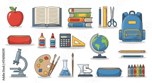A colorful assortment of school supplies, including an apple, books, a pencil, scissors, a backpack, a calculator, a globe, and a microscope, arranged on a