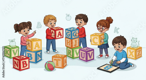 Illustration of children playing with alphabet blocks, learning and having fun includes kids with blocks, letters, numbers, and educational elements