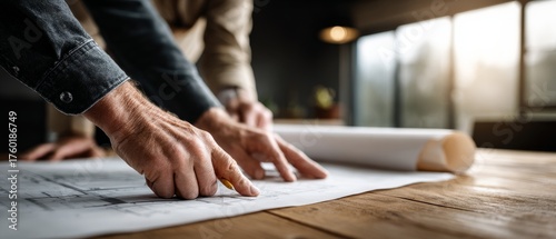 Two hands examine blueprints on a wooden table in a well-lit room, suggesting collaboration on a construction or design project.