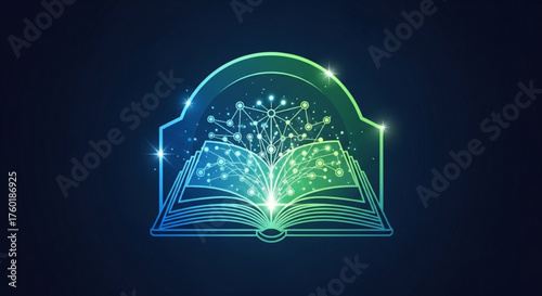 An abstract illustration of an open book with glowing lines and dots forming a network, set against a dark blue background, creating a futuristic and educational theme