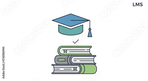 A minimalist illustration of a graduation cap atop a stack of books, symbolizing academic achievement and learning management system