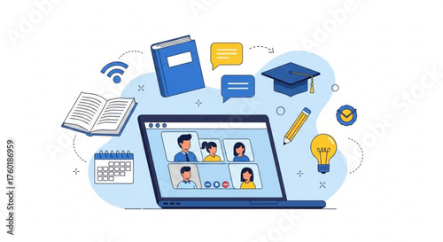 Online education concept with student learning from home using laptop, teacher teaching remotely, books, graduation cap, light bulb, and pencil