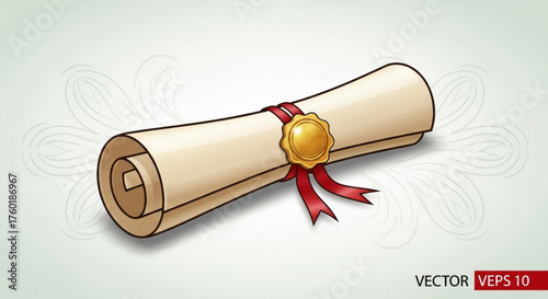 Illustration of a rolled diploma with a red ribbon and a gold seal, symbolizing academic achievement and graduation