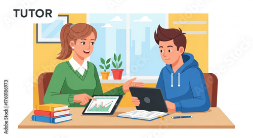 Young student learning with tutor boy and girl studying together, using tablet and book home education, online lesson, knowledge concept