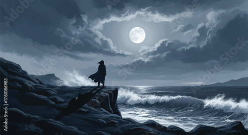 A solitary figure stands upon a dramatic windswept cliff, gazing out at the turbulent moonlit ocean under a stormy, cloud-filled night sky, evoking feelings of vastness and contemplation