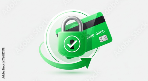 Secure payment concept with a green padlock and credit card, symbolizing protection and safety in financial transactions