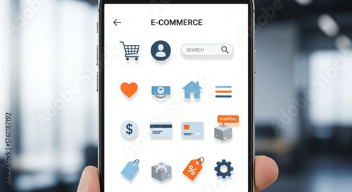 Ecommerce app interface on smartphone screen concept for online shopping, mobile commerce, digital marketing, and retail business