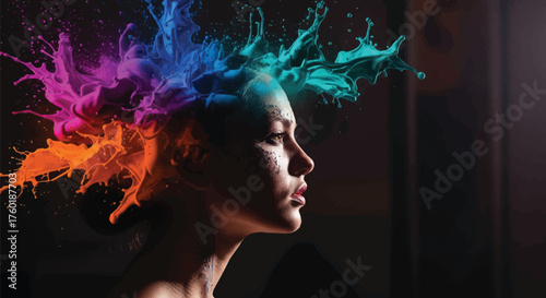 Vibrant eruption of creative thought from a woman's mind, symbolizing profound inspiration, mental energy, and innovative artistic expression