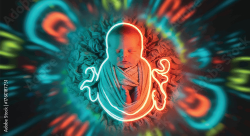 Vibrant neon-glowing baby at the heart of a dynamic swirl of energetic abstract patterns, symbolizing the powerful fusion of life, science, and futuristic technology's genesis