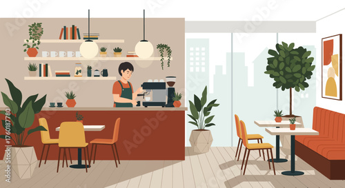 Detailed vector scenes of a skilled barista character preparing beverages in a vibrant and modern coffee shop, capturing the inviting atmosphere and daily operations of a thriving establishment