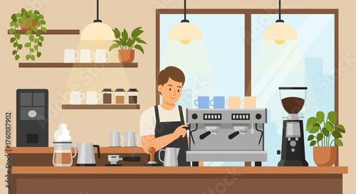 Illustrated character of a professional barista at work in various scenes from a modern coffee shop, capturing the vibrant cafe culture and atmosphere
