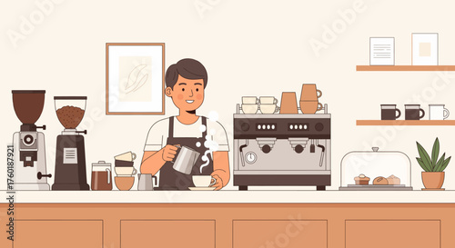 Illustration scenes of a friendly barista character working in a modern coffee shop, making a latte with an espresso machine