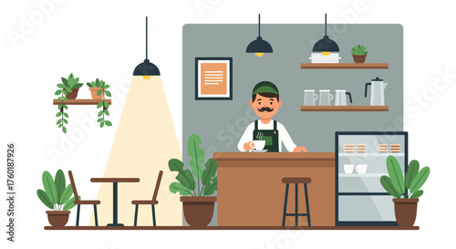 Captivating scenes of a bustling modern coffee shop, featuring a friendly barista character, creating a welcoming and cozy atmosphere for patrons