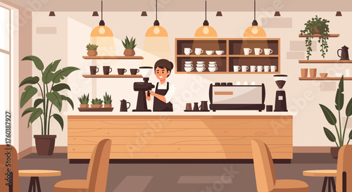 Interior scenes of a modern coffee shop with a friendly barista character serving coffee