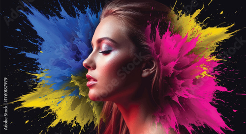 Profile of a beautiful woman with a vibrant explosion of colorful powder in her hair, symbolizing creativity and artistic imagination