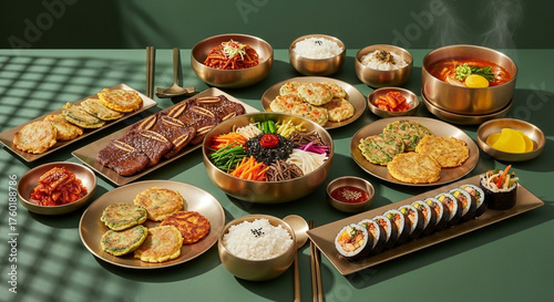 Assortment of Healthy Korean Food dishes; Kimbap, Kimchi, Bulgogi, Bibimbap, Rice, Soup, and Kalbi.