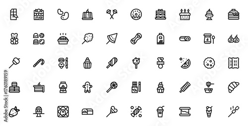 Sweets and Candies icon set. Vector illustration. Inludes symbols for lollipop chocolate bar, cupcake, ie cream, donut, candy cane gummy bear, cake pop and ore. Editable stroke.