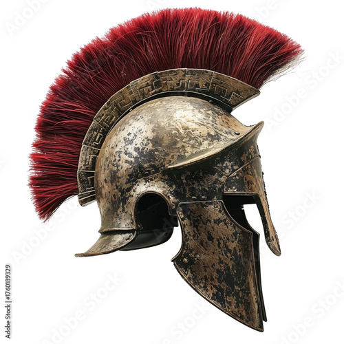 Profile of ancient bronze Corinthian or Roman warrior helmet with crimson horsehair crest displayed against isolated blank background showing weathered metallic patina and classical design