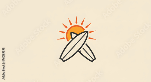Two surfboards crossed in front of a bright sun summer vibes.