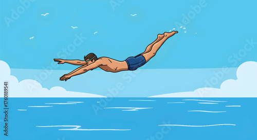 Man diving into clear blue water with arms outstretched.