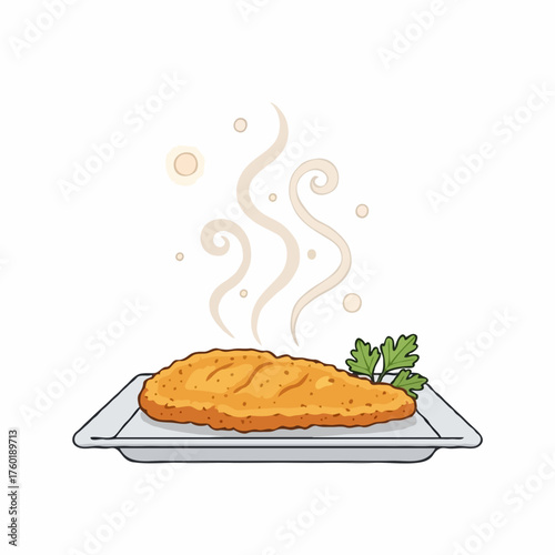A steaming golden-breaded schnitzel on a plate with a parsley garnish, its aroma wafting above, minimalist vector illustration, savory dish icon