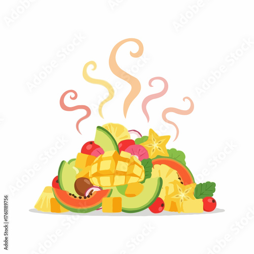 A savory tropical fruit salad with mango, papaya, star fruit, and berries, with a swirling aroma on top, a vibrant flat design vector illustration
