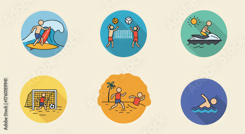 Collection of six circular icons depicting various outdoor recreational activities and sports.