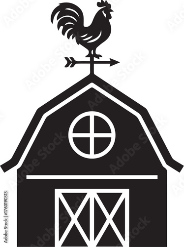 Barn with Rooster Weathervane - Black and White Vector Icon