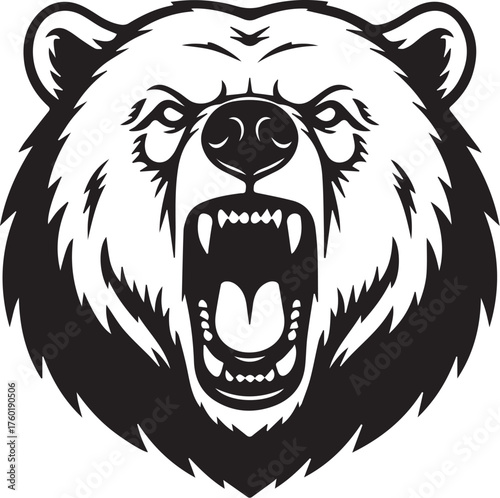 Roaring Bear Head Vector Illustration - Black and White