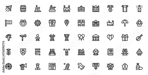Festa della Repubblica icon set. Italian celebrationvector symbols. Features prty hat, pizza, coliseum, ondola, flag, espresso andmore. Editable stroke illutration.