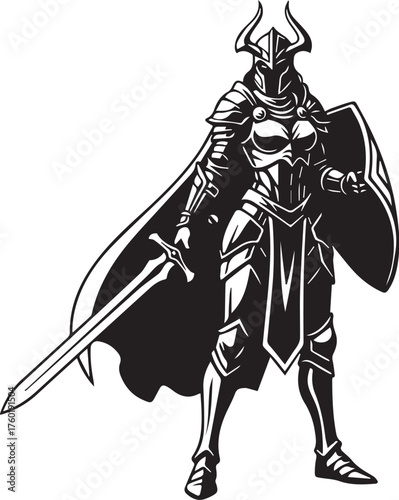 Female Knight Warrior in Armor with Sword and Shield Vector Illustration