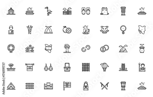 Kenya icon set. Vector illustration featuring hut, famingo, giraffe, Maasai, cffee, savannah, Nairobi, ad more. Editable stroke.