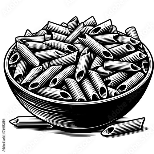 black and white sketch of penne pasta in a bowl