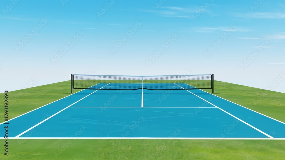 Fototapeta premium A blue tennis court with a net, surrounded by green grass under a clear blue sky.