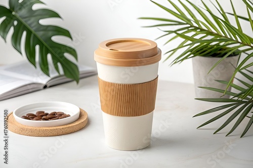 Eco Friendly Reusable Coffee Cup with Bamboo Lid and Sleeve on White Table with Green Plants — Sustainable Lifestyle Concept.