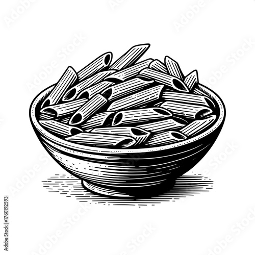 black and white sketch of penne pasta in a bowl
