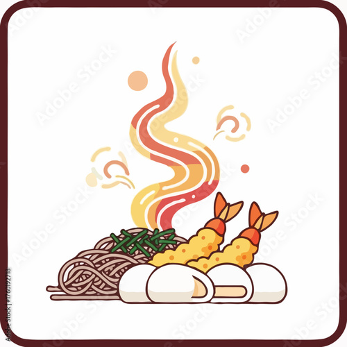 Steaming Japanese noodles with shrimp tempura, green onions, and soft-boiled eggs, wafting with aroma, flat design vector illustration