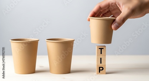Hand placing a cup on a wooden block with the word tip, symbolizing gratuity and service