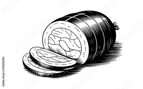 a rolled ham with slices, detailed vintage meat sketch perfect for butcher labels, packaging, and food design.