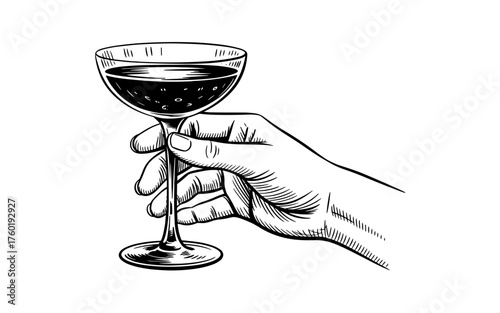 a hand holding a wine glass, elegant vintage drawing perfect for bar menus, labels, and design projects.