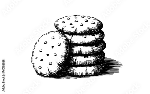stacked cookies with detailed shading, vintage bakery drawing ideal for packaging, design, and food branding.