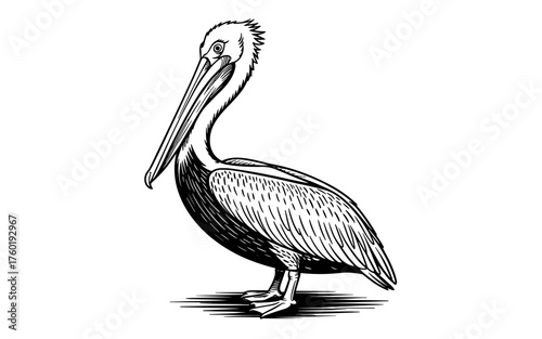 a pelican bird standing, showing detailed feathers and long beak in classic engraved art